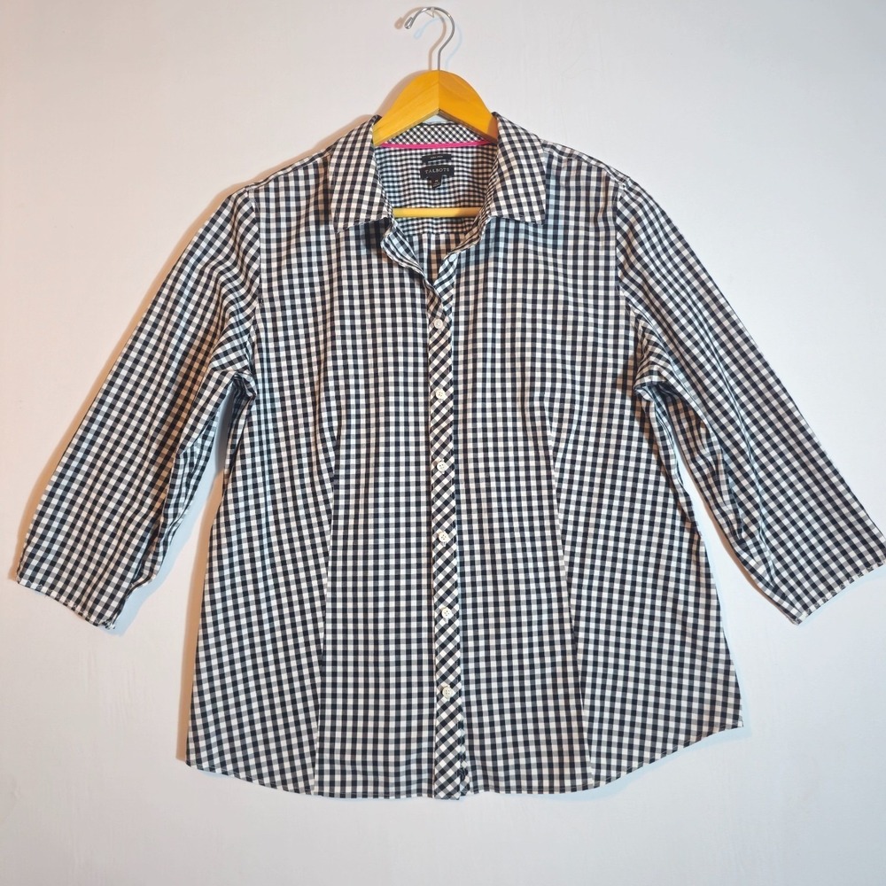 Talbots Shirt Women's 16 Black White Check Print Non-Iron Collared Button Front